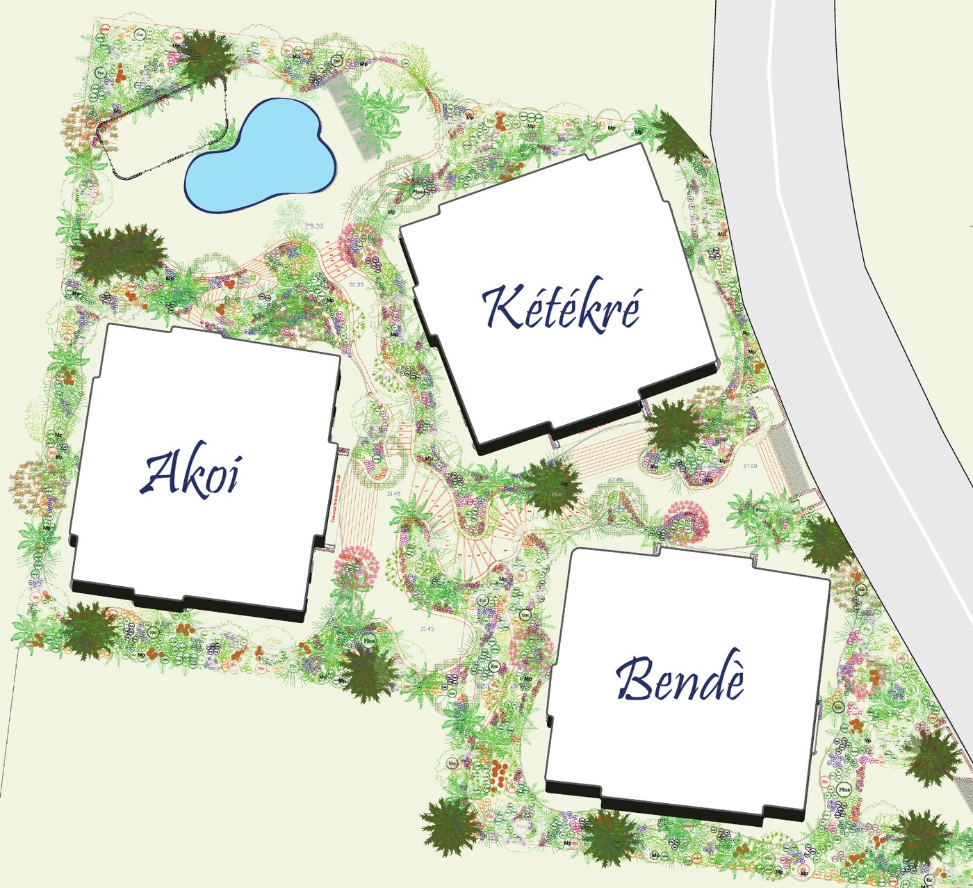 Plan masse de la résidence Makoni — implantation des immeubles Akoi, Kétékré et Bendè